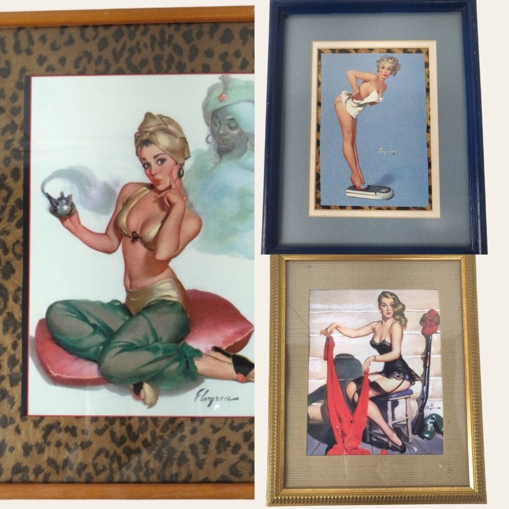 Vintage 1950s Elvgren Pinup Girl Prints 3 Frames Genie Hunter Bathroom Scale MCM